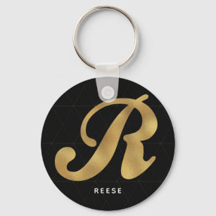 Modern Elegant Black Gold Stylish Monogram R Keychain