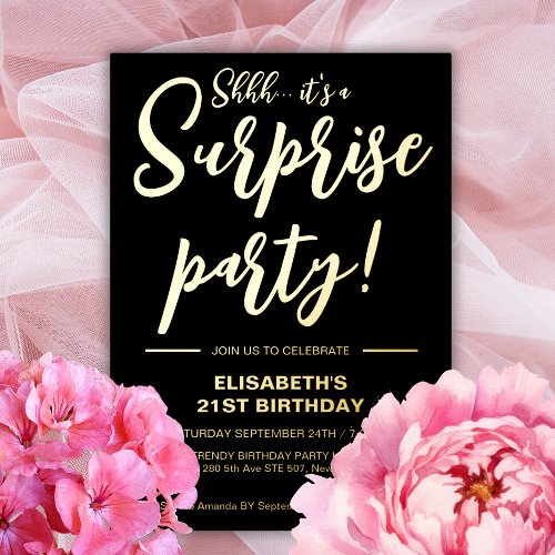 Modern Elegant Black  Gold Surprise Birthday  Foil Invitation
