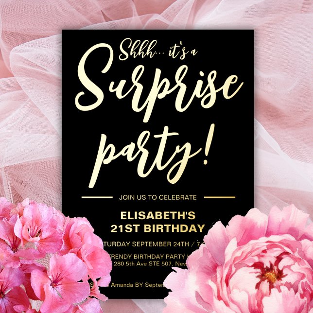 Modern Elegant Black & Gold Surprise Birthday  Foil Invitation (Creator Uploaded)