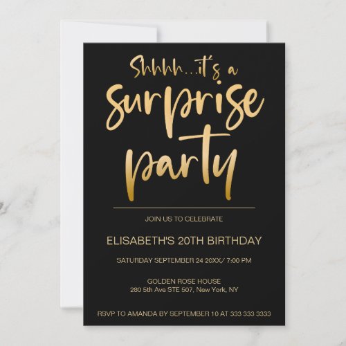 Modern Elegant Black Gold Surprise Birthday Party Invitation