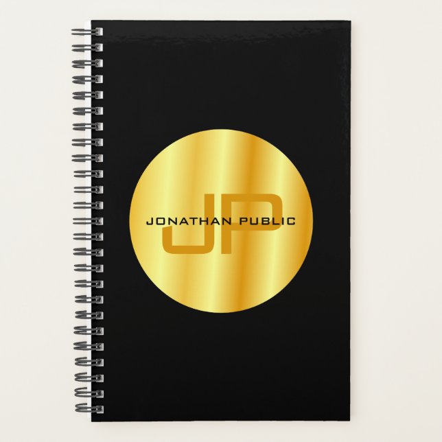 Modern Elegant Black Gold Template Monogram Planner (Front)
