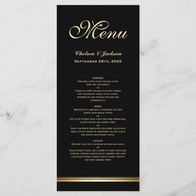 Modern Elegant Black Gold Wedding Menu (Front)