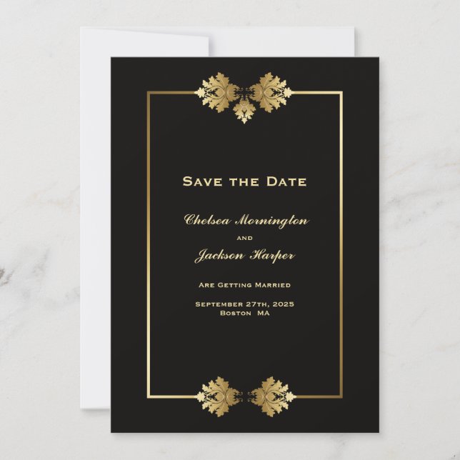 Modern Elegant Black Gold Wedding Save The Date (Front)