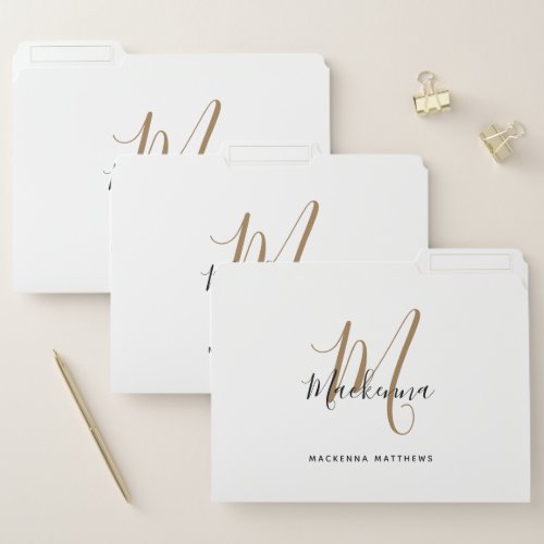 Modern Elegant Black Gold White Monogram Script File Folder