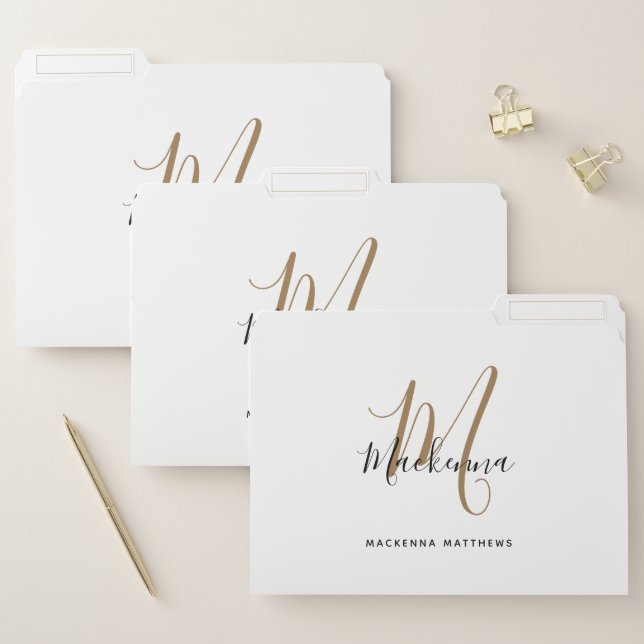 Modern Elegant Black Gold White Monogram Script File Folder (Set)