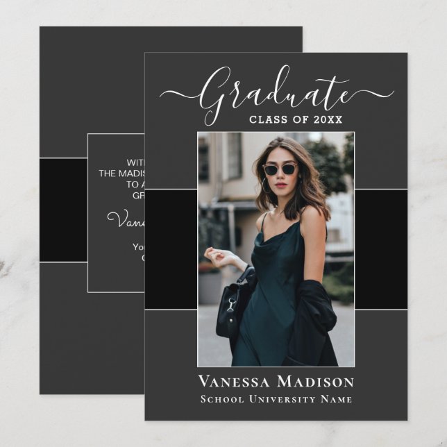 Modern | Elegant Black Gray 1 Photo Graduation Announcement (Front/Back)