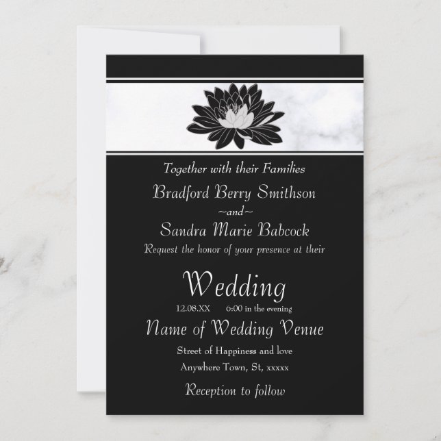 Modern Elegant, Black Gray Floral Waterlily Invitation (Front)