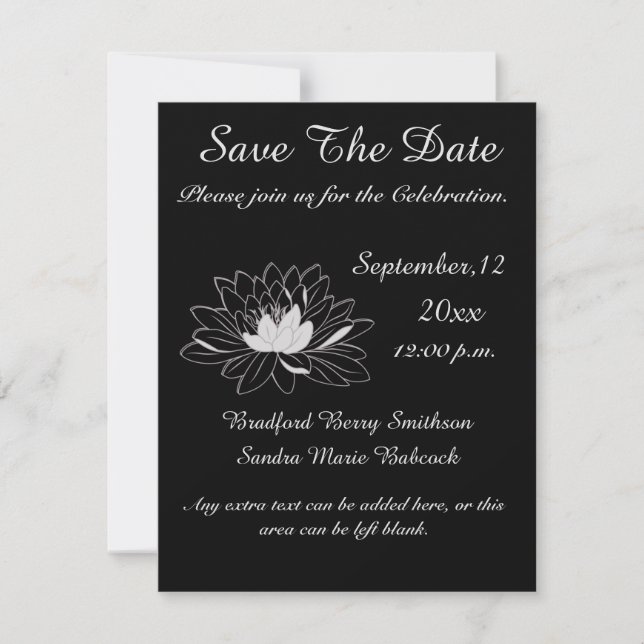 Modern Elegant, Black Gray Floral Waterlily Save The Date (Front)
