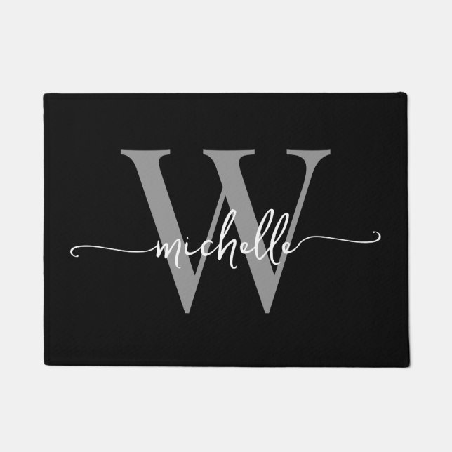 Modern Elegant Black Gray Monogram Name Script Doormat (Front)