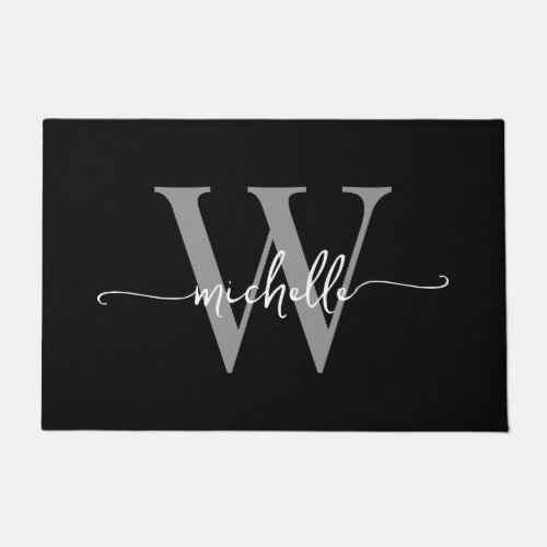 Modern Elegant Black Gray Monogram Name Script Doormat