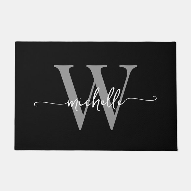 Modern Elegant Black Gray Monogram Name Script Doormat (Front)
