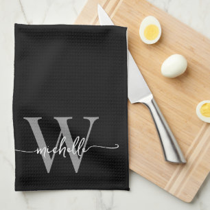 Modern Elegant Black Gray Monogram Name Script Kitchen Towel
