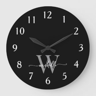 Modern Elegant Black Gray Monogram Name Script Large Clock