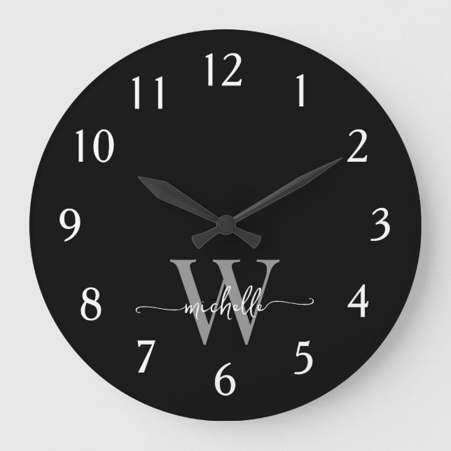 Modern Elegant Black Gray Monogram Name Script Large Clock (Front)