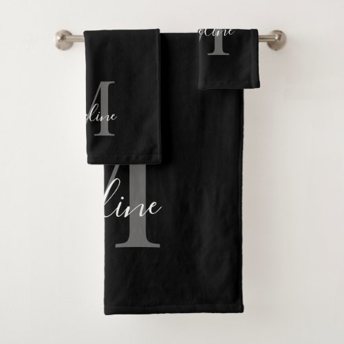 Modern Elegant Black Gray Monogram Script Name    Bath Towel Set