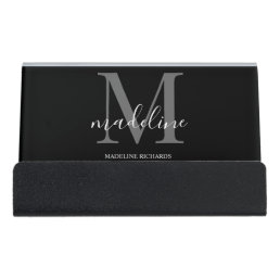 Modern Elegant Black Gray Monogram Script Name  Desk Business Card Holder