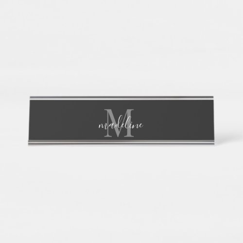 Modern Elegant Black Gray Monogram Script Name    Desk Name Plate