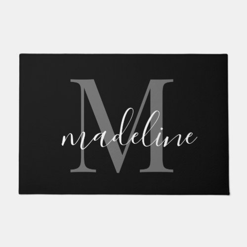 Modern Elegant Black Gray Monogram Script Name    Doormat