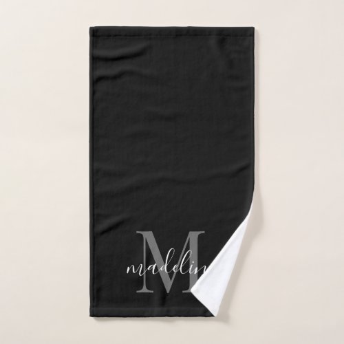 Modern Elegant Black Gray Monogram Script Name    Hand Towel