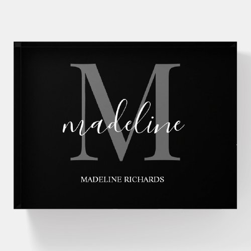 Modern Elegant Black Gray Monogram Script Name  Paperweight