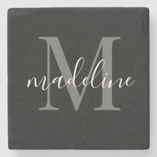 Modern Elegant Black Gray Monogram Script Name    Stone Coaster