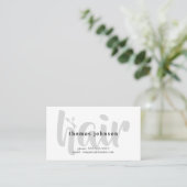 Modern Elegant Black Gray White Hair Stylist Business Card (Standing Front)