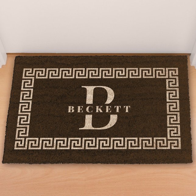 Modern Elegant Black Greek Key Frame Monogram Fiber Doormat (Brown fiber doormat with a Greek key border, featuring the large letter "B" and "BECKETT" in white. )