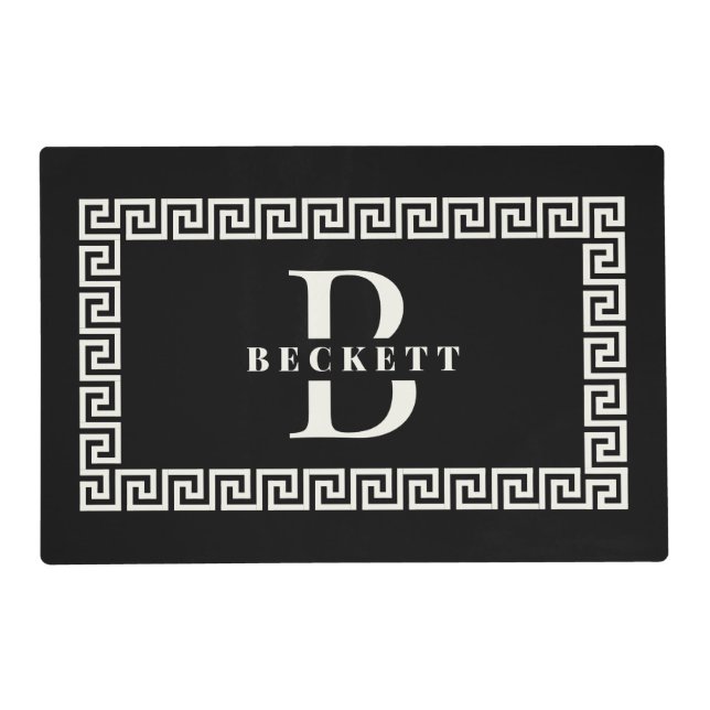 Modern Elegant Black Greek Key Frame Monogram Placemat (Front)
