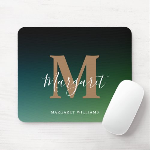 Modern Elegant Black Green Ombre Gold Monogram Mouse Pad