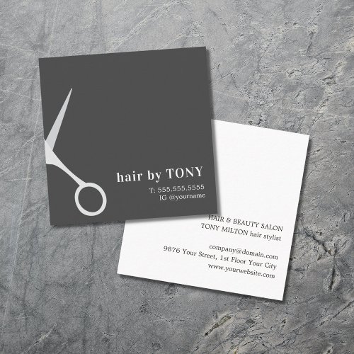 Modern Elegant Black Grey Hair Stylist Square Business Card