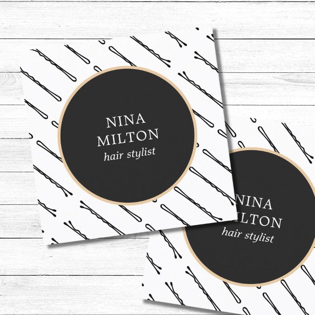Modern Elegant Black Hair Pins Stylist Square Business Card (Creator Uploaded)