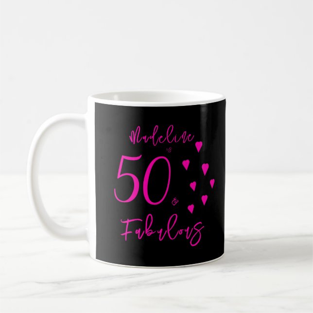 Modern Elegant Black Hot Pink Hearts 50th Birthday Coffee Mug (Left)