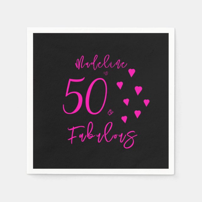 Modern Elegant Black Hot Pink Hearts 50th Birthday Napkins (Front)