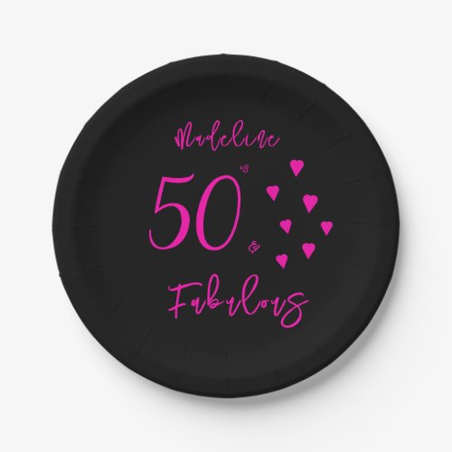 Modern Elegant Black Hot Pink Hearts 50th Birthday Paper Plates