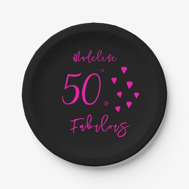 Modern Elegant Black Hot Pink Hearts 50th Birthday Paper Plates (Front)