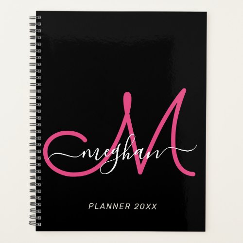 Modern Elegant Black Hot Pink Script Monogram 2022 Planner