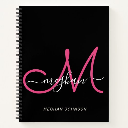 Modern Elegant Black Hot Pink Script Monogram Notebook