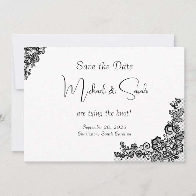Modern Elegant Black Lace Save the Date Card (Front)