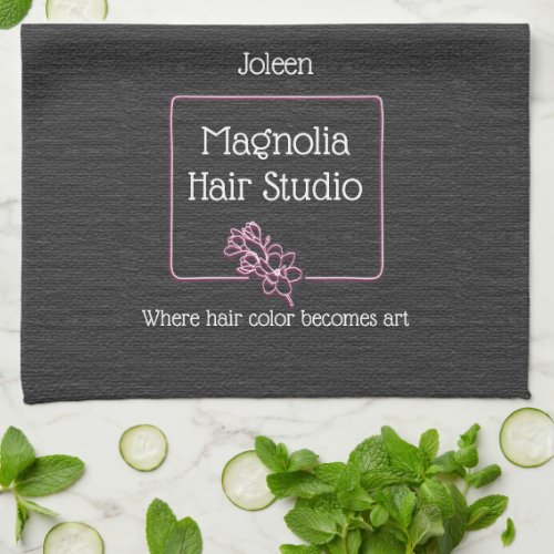 Modern Elegant Black Magnolia Logo Hair Studio Kitchen Towel