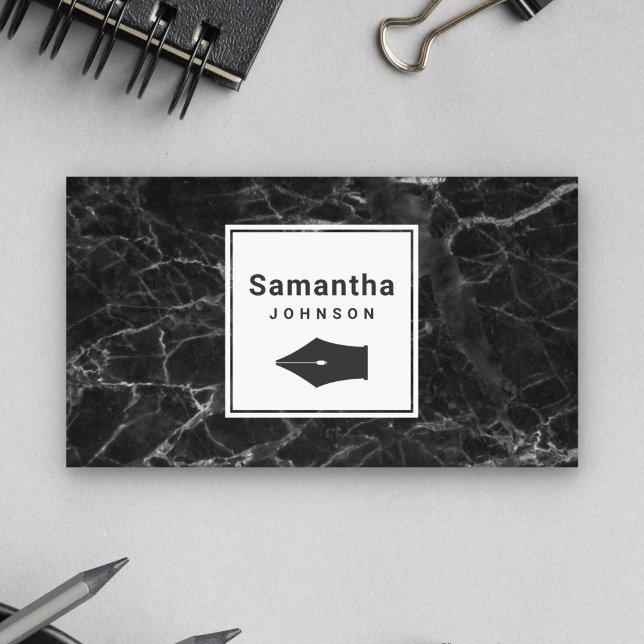 Modern Elegant Black Marble Pen Nib Professional Business Card (Creator Uploaded)