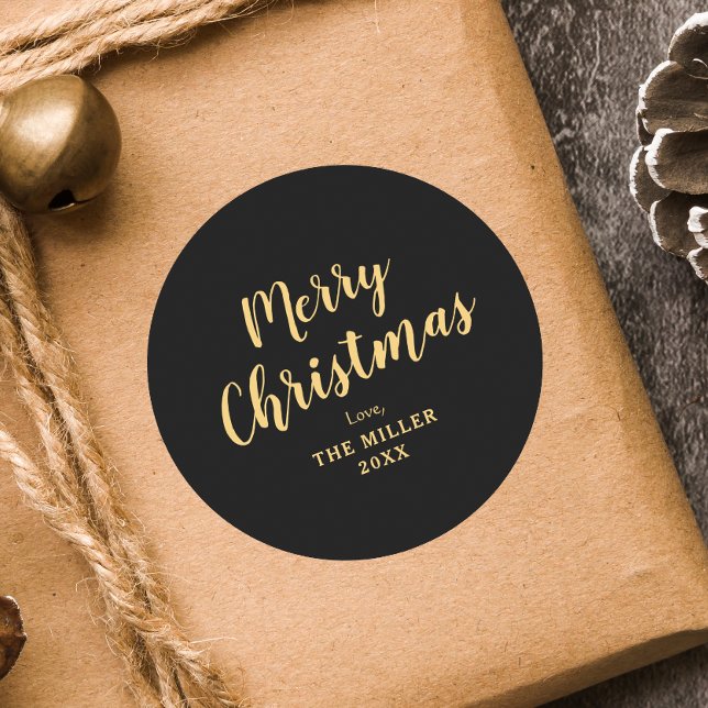 Modern Elegant Black Merry Christmas Family  Classic Round Sticker (Creator Uploaded)