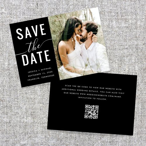 Modern Elegant Black Minimal QR Code Photo Wedding Save The Date
