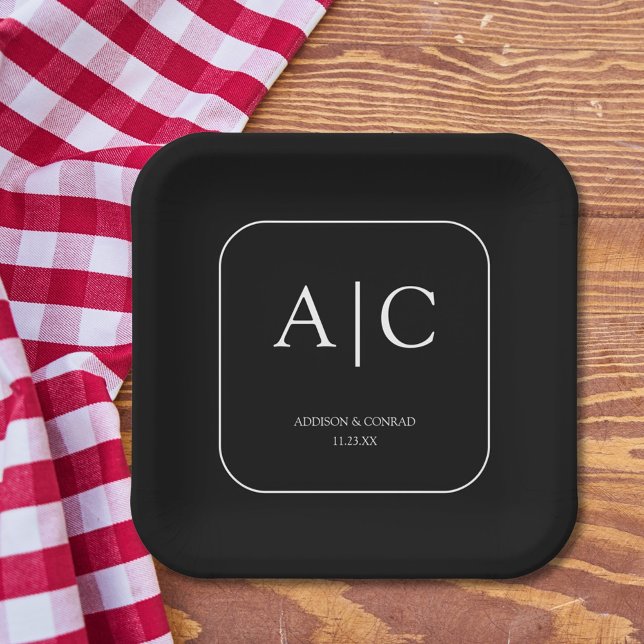  Modern Elegant Black Monogram Wedding Square Paper Plates (Creator Uploaded)