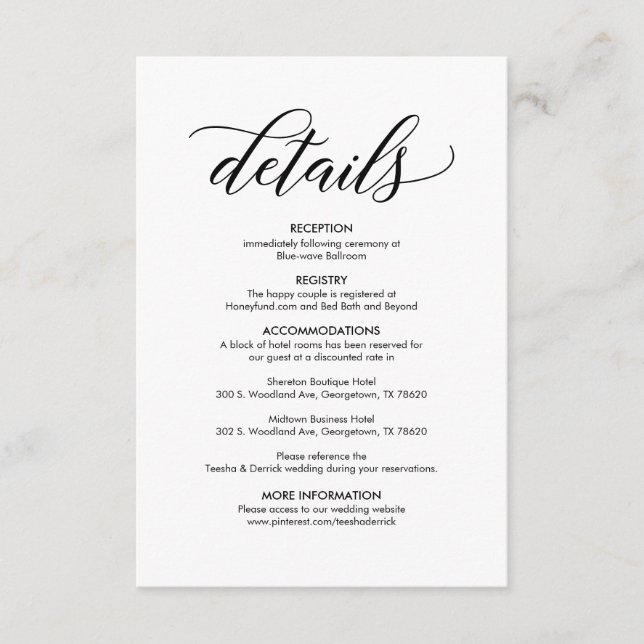 Modern elegant Black, Our Wedding Details Enclosure Card (Front)