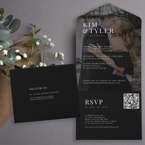 Modern elegant black photo QR RSVP wedding All In One Invitation