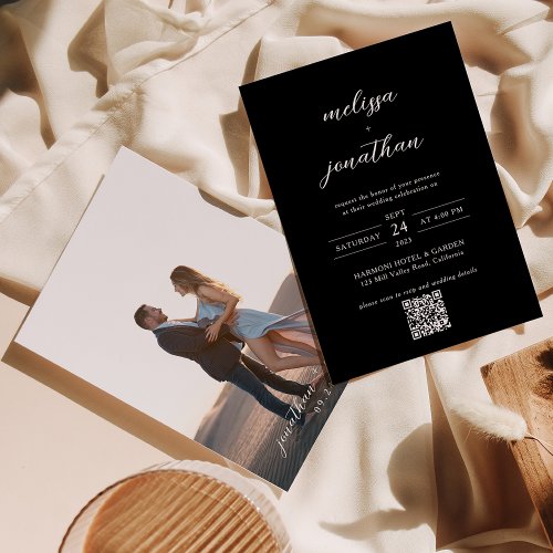 Modern Elegant Black Photo Script QR Code Wedding Invitation