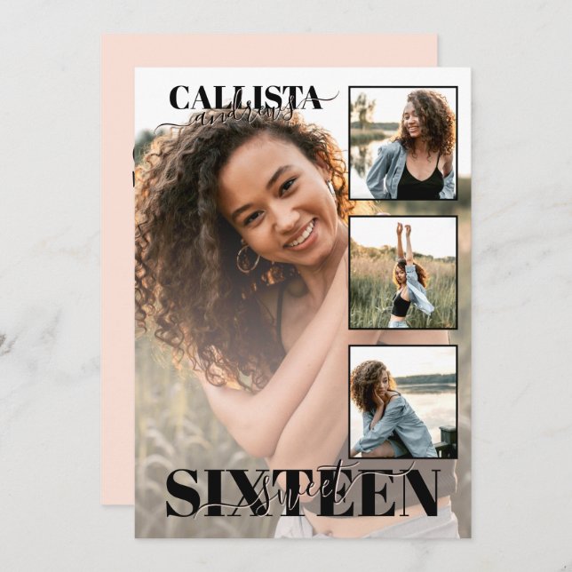 Modern Elegant Black Pink Four Photo Sweet 16 Invitation (Front/Back)