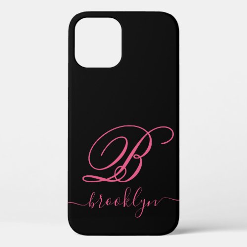 Modern Elegant Black Pink Handwritten Monogrammed iPhone 12 Case