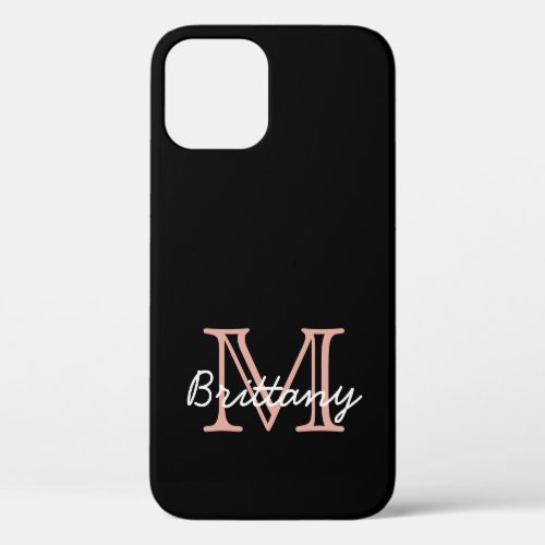 Modern Elegant Black Pink Handwritten Monogrammed iPhone 12 Case