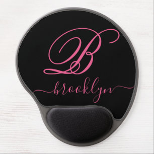 Modern Elegant Black Pink Handwritten Monogrammed Gel Mouse Pad